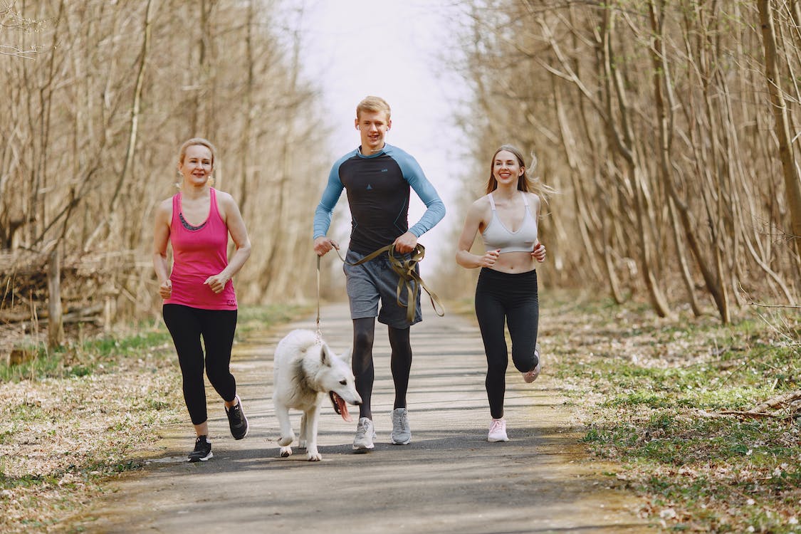 Free Photo of Two Women and Man Jogging With Dog on Pavement Stock Photo