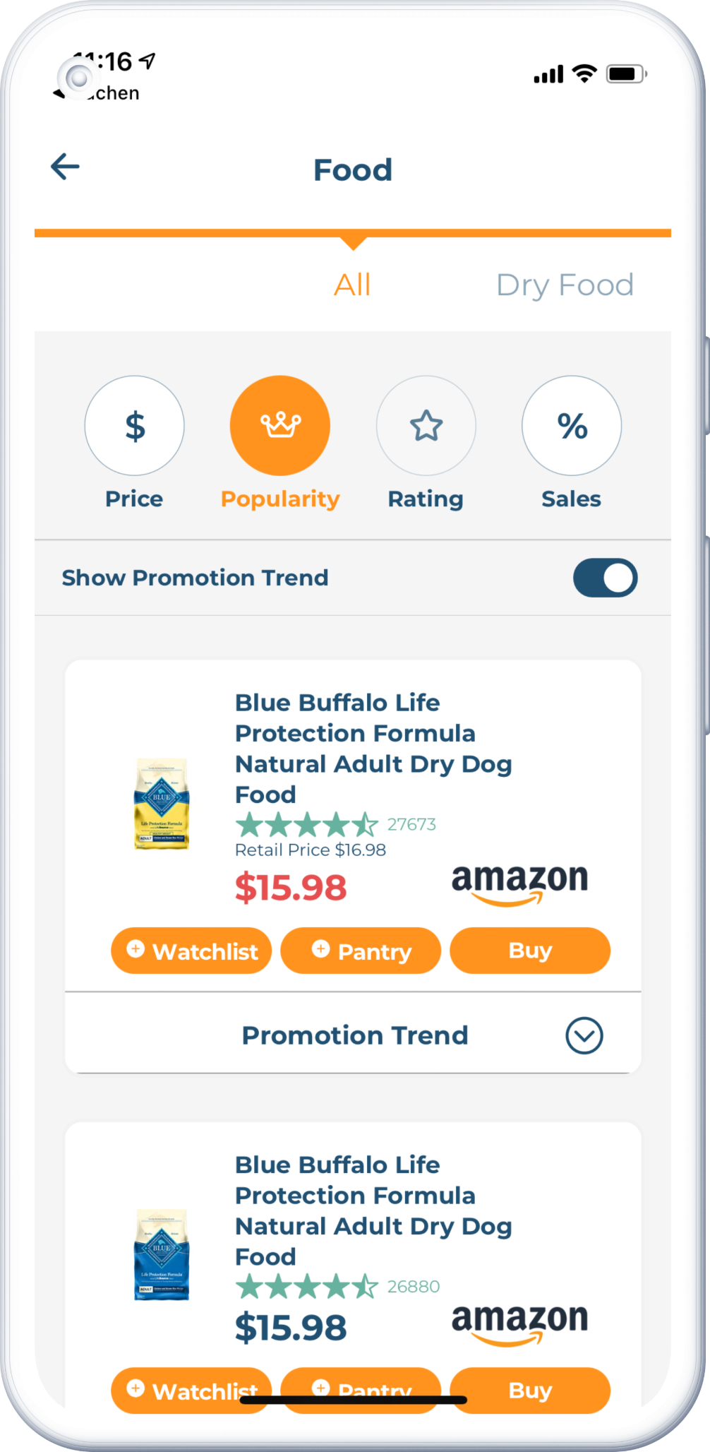 Mockup of a smartphone wit Yepipet Pantry on screen